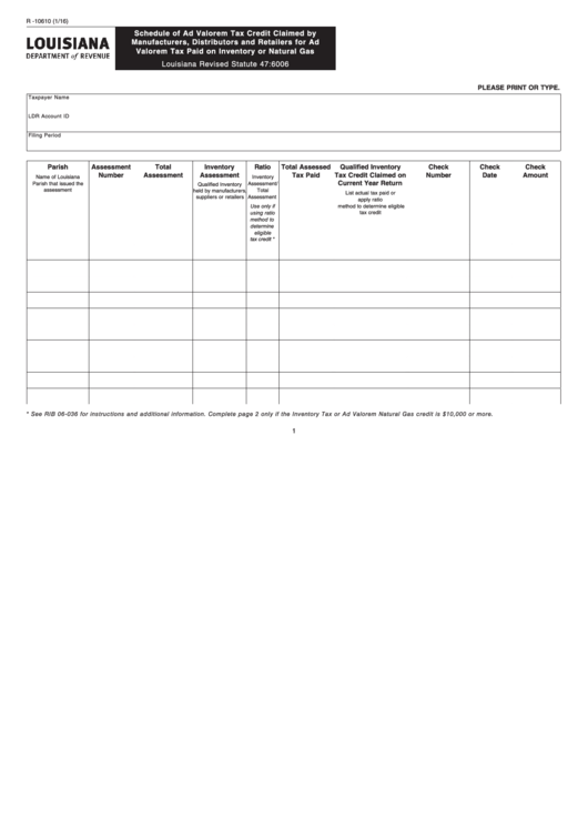 Fillable Form R-10610 - Schedule Of Ad Valorem Tax Credit Claimed By Manufacturers, Distributors And Retailers For Ad Valorem Tax Paid On Inventory Or Natural Gas Printable pdf