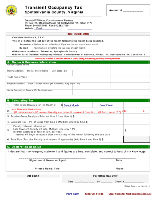 Fillable Form Cr 030 - Transient Occupancy Tax Form - Spotsylvania County Printable pdf