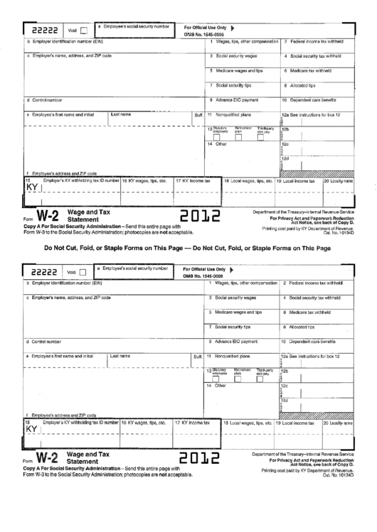 Form W-2 - Wage And Tax Statement - Kentucky Department Of Revenue Printable pdf