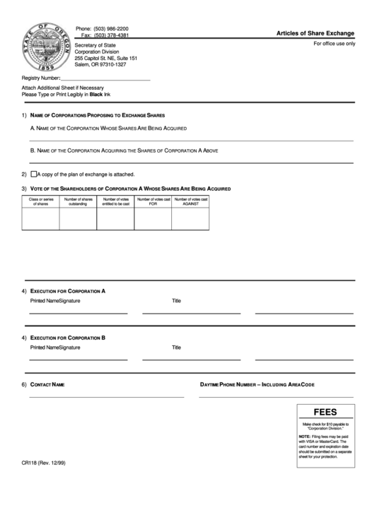 Fillable Form Cr118 - Articles Of Share Exchange Printable pdf