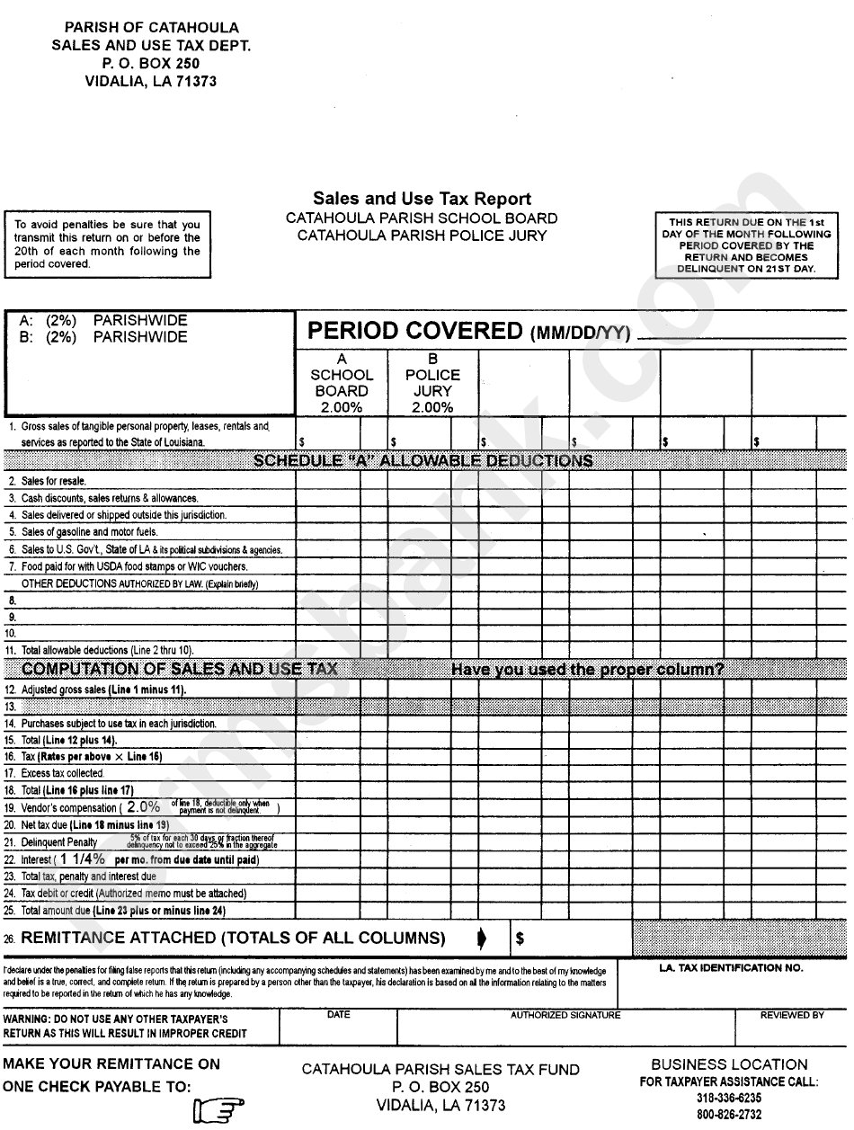 Sales And Use Tax Report - Catahoula Parish School Board - Catahoula Parish Police Jury Form