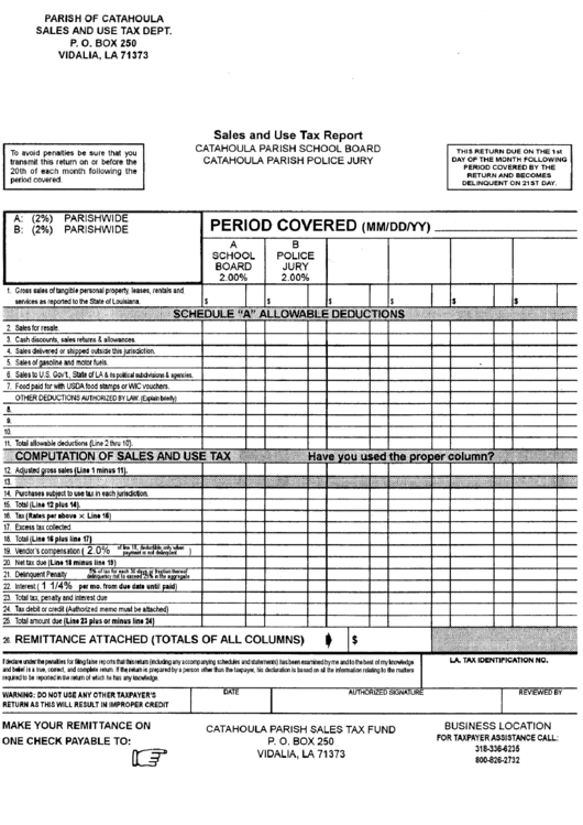 Sales And Use Tax Report - Catahoula Parish School Board - Catahoula Parish Police Jury Form Printable pdf
