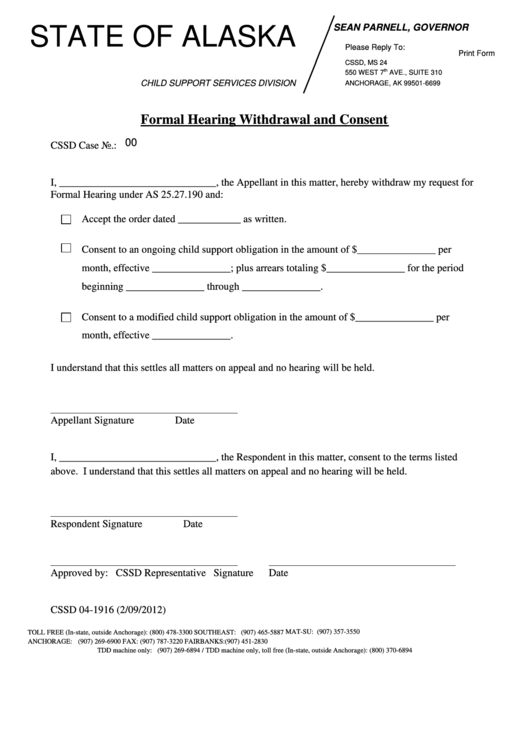 Fillable Form Cssd 04-1916 - Formal Hearing Withdrawal And Consent Printable pdf