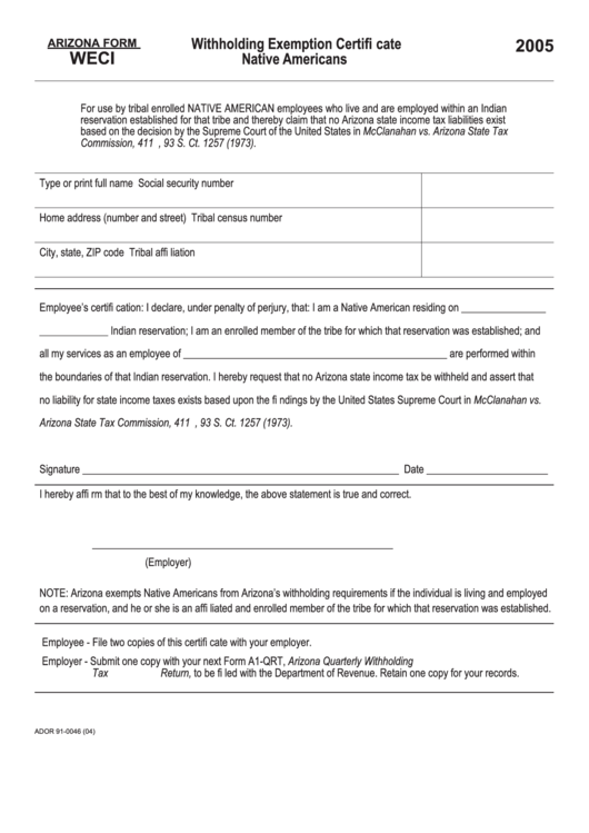 Fillable Arizona Form Weci - Withholding Exemption Certificate Native Americans - 2005 Printable pdf