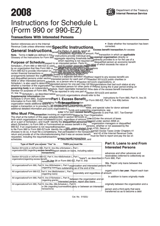 Instructions For Schedule L (Form 990 Or 990-Ez) - Transactions With Interested Persons - 2008 Printable pdf