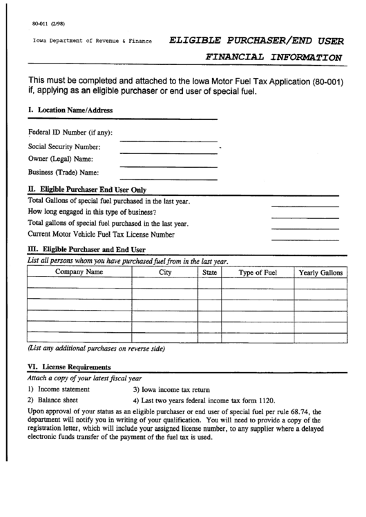 Fillable Form 80011 - Eligible Purchaser/end User Financial Information Printable pdf