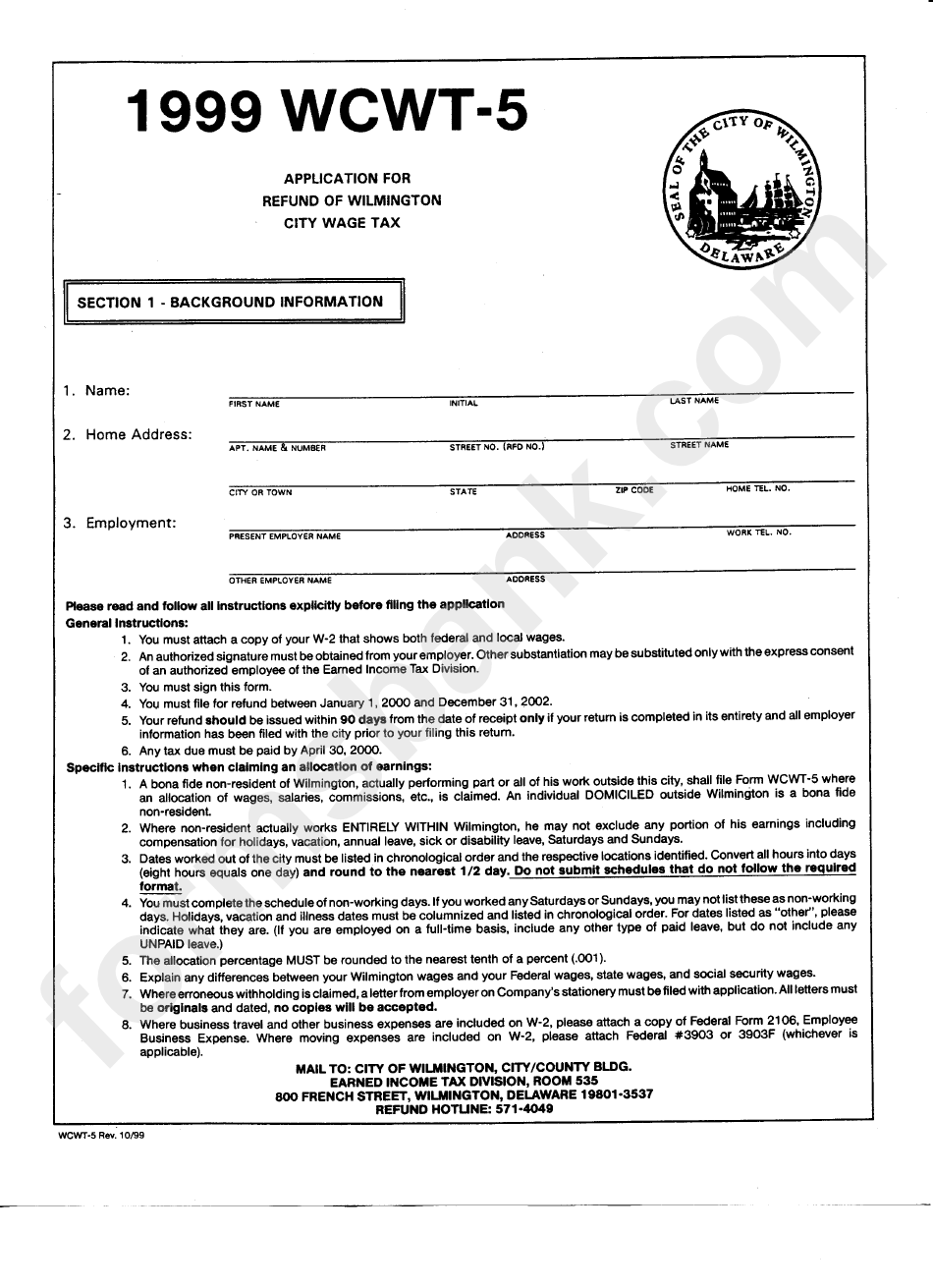 Form Wcwt-5 - Application For Refund Of Wilmington City Wage Rax - 1999