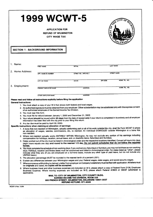 Form Wcwt-5 - Application For Refund Of Wilmington City Wage Rax - 1999 Printable pdf