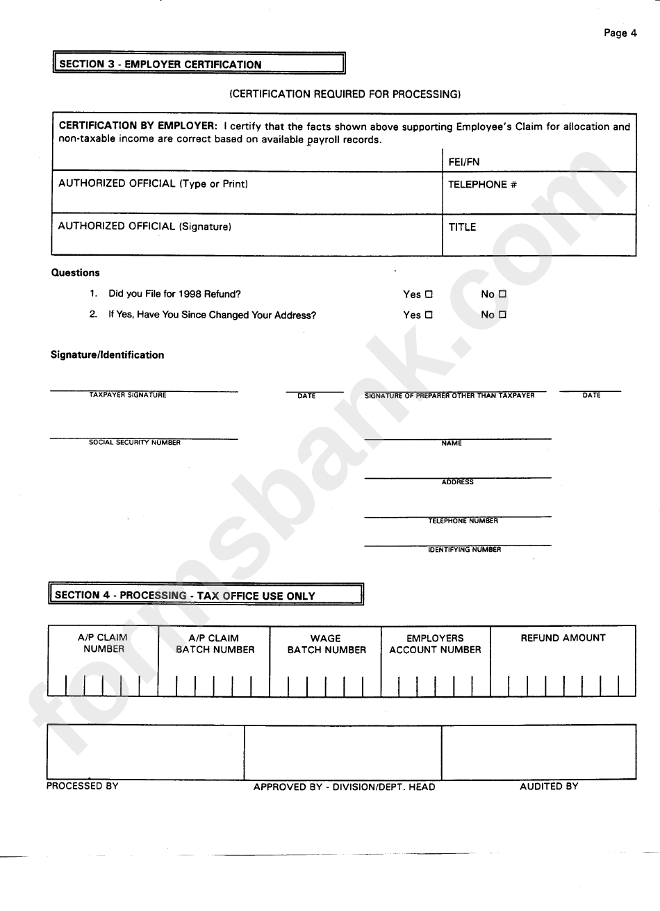 Form Wcwt-5 - Application For Refund Of Wilmington City Wage Rax - 1999