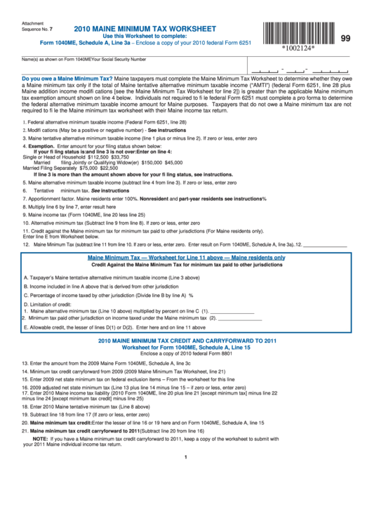 2010 Maine Minimum Tax Worksheet Printable pdf