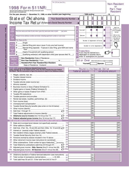Fillable Form 511nr - State Of Oklahoma Income Tax Return - 1998 Printable pdf