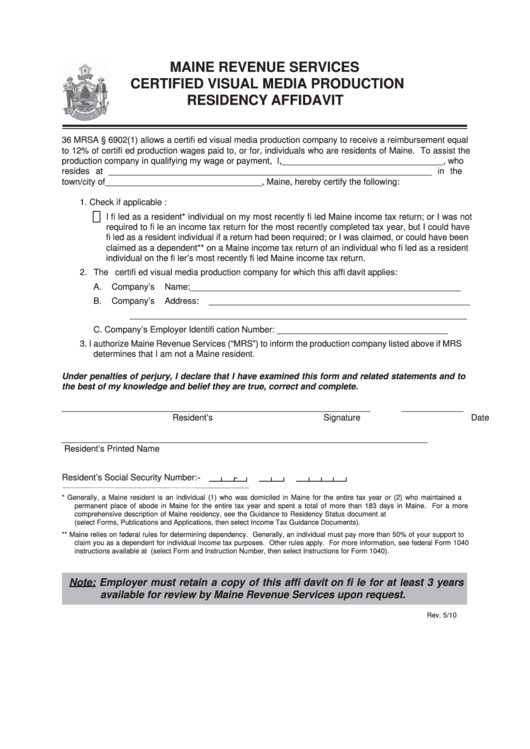 Maine Revenue Services Certified Visual Media Production Residency Affidavit Printable pdf
