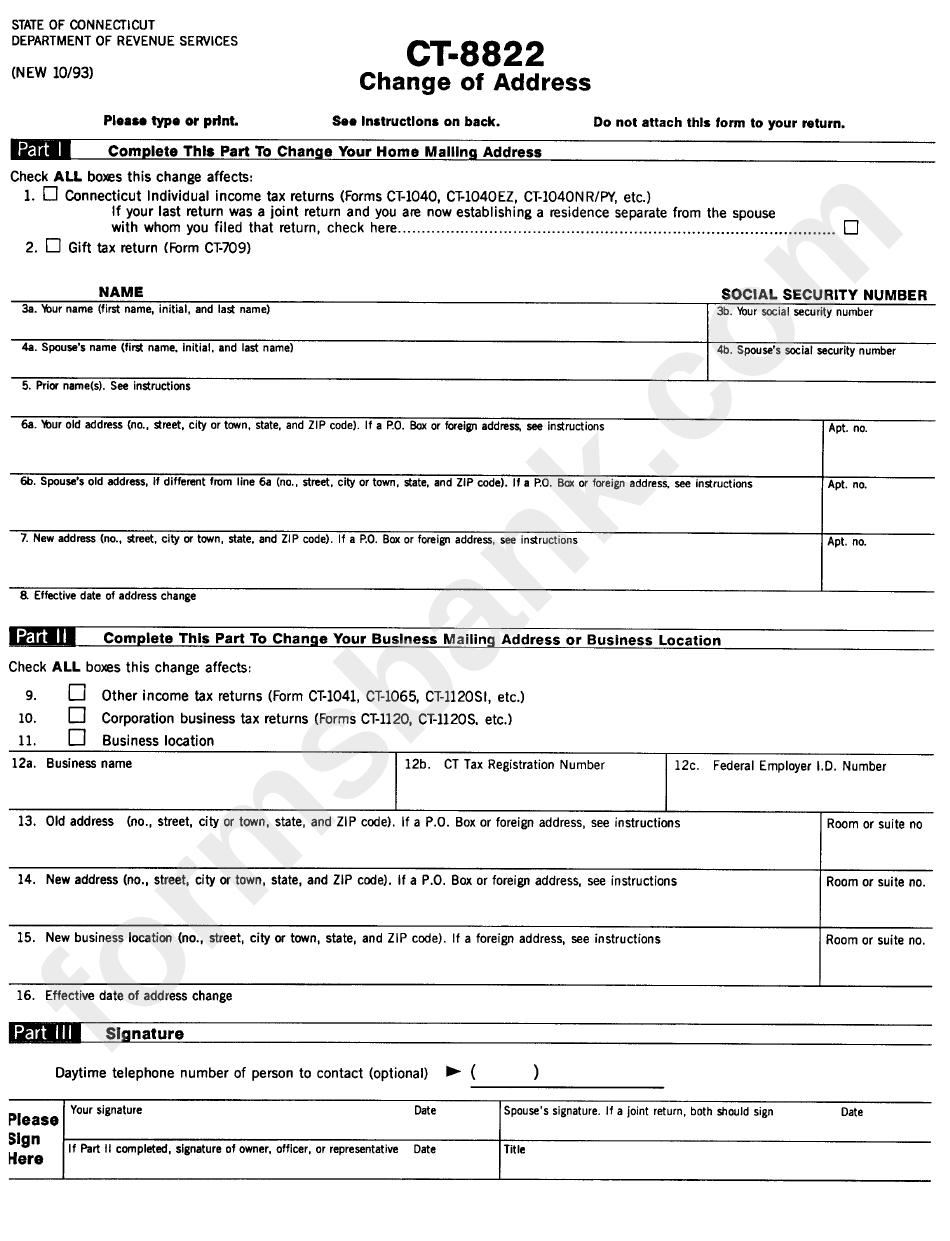 Form Ct-8822 - Change Of Address - State Of Connecticut