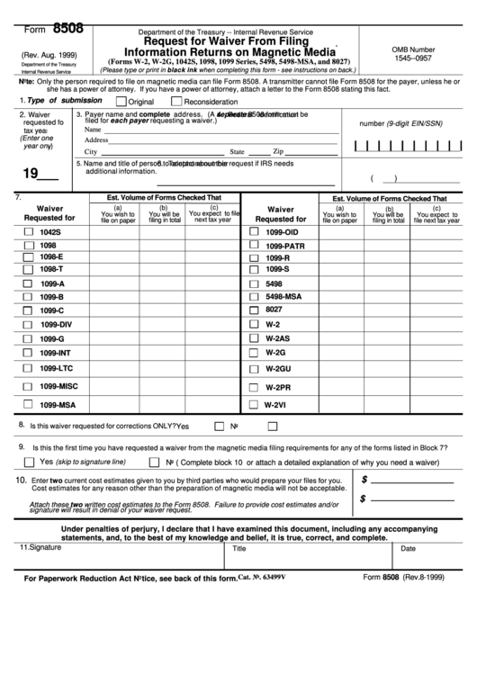 Form 8508 - Request For Waiver From Filing Information Returns On Magnetic Media - 1999 Printable pdf