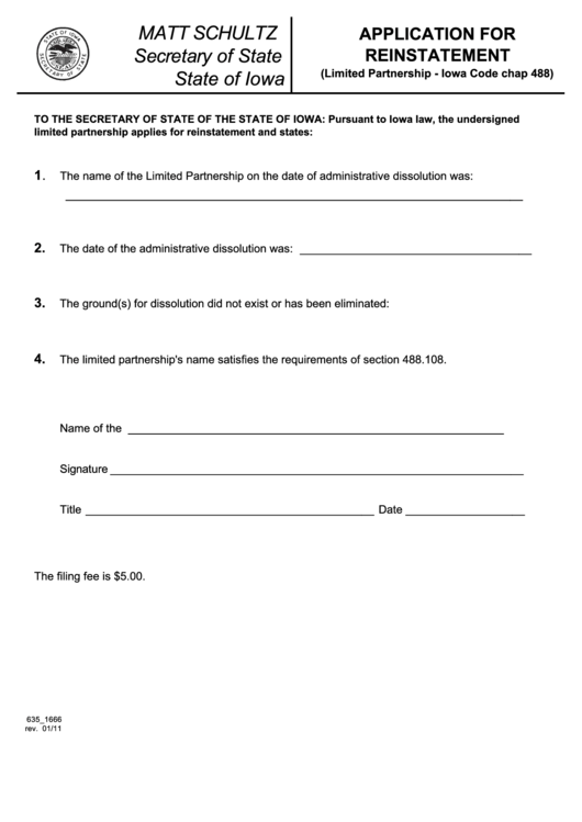 Fillable Form 635_1666 - Application For Reinstatement - Iowa Secretary Of State Printable pdf