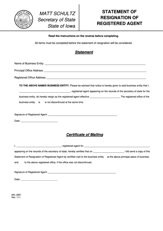 Fillable Statement Of Resignation Of Registered Agent Form - Iowa Secretary Of State Printable pdf