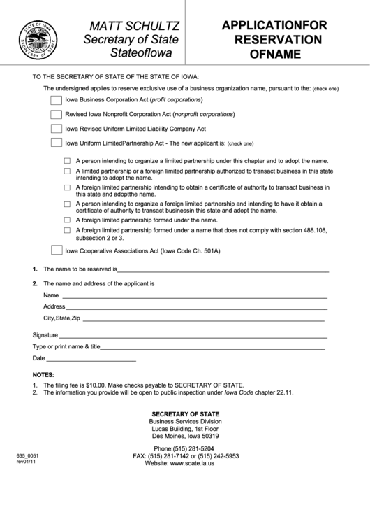 Form 635_0051 - Application For Reservation Of Name - Iowa Secretary Of State Printable pdf