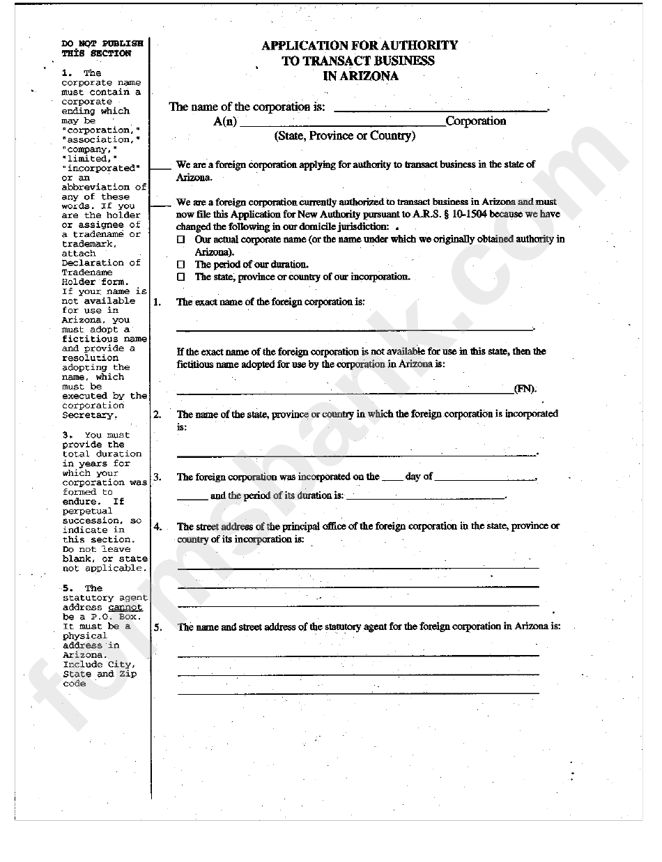 Form Cf:0024 - Application For Authority To Transact Business In Arizona