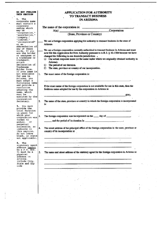 Form Cf:0024 - Application For Authority To Transact Business In Arizona Printable pdf