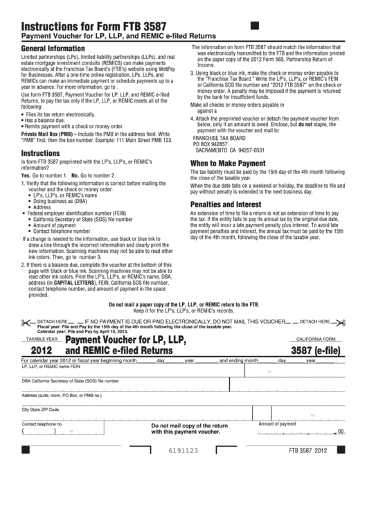 California Form 3587 - Payment Voucher For Lp,llp, And Remic E-Filed Returns - 2012 Printable pdf