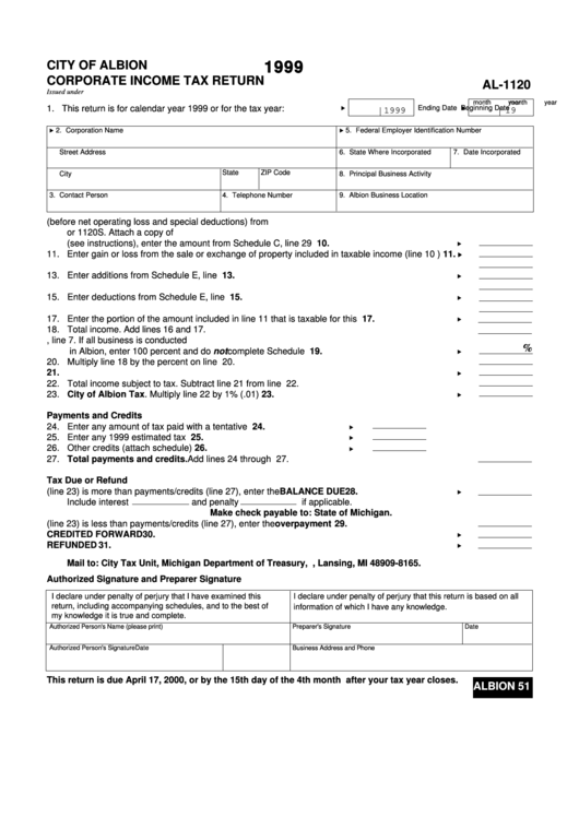 Form Al-1120 - Corporate Income Tax Return - City Of Albion - 1999 Printable pdf