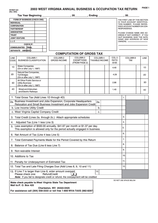 Form Wv/bot-301 - West Virginia Annual Business & Occupation Tax Return - 2003 Printable pdf