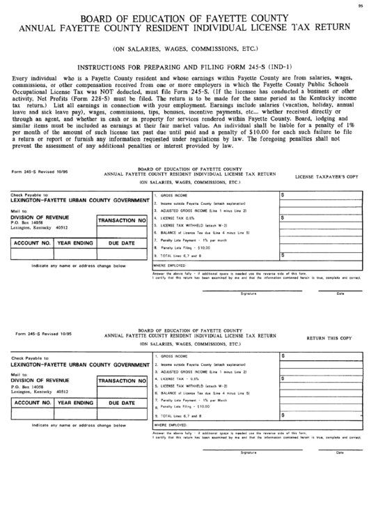 Form 245-S - Board Of Education Of Fayette County Annual Fayette County Resident Individual License Tax Return 1995 Printable pdf