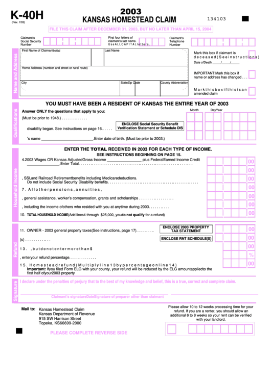 Form K-40h - Kansas Homestead Claim - 2003 Printable pdf