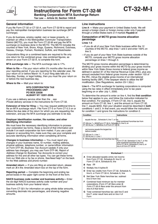 Instructions For Banking Corporation Mta Surcharge Return Form Ct-32-M - 2004 Printable pdf