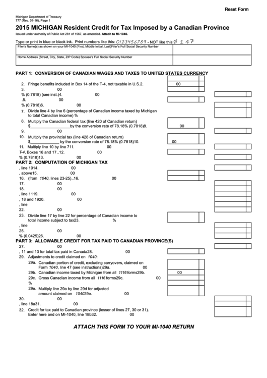 Fillable Form 777 - Michigan Resident Credit For Tax Imposed By A Canadian Province - 2015 Printable pdf