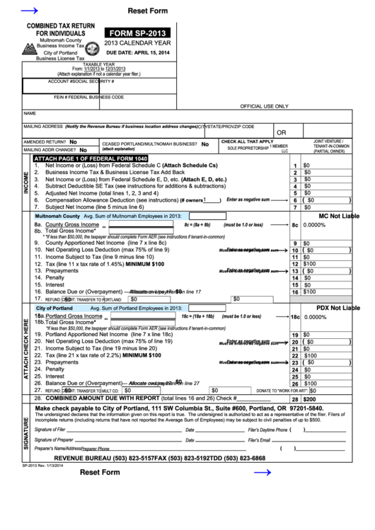 Fillable Form Sp-2013 - Combined Tax Return For Individuals Printable pdf