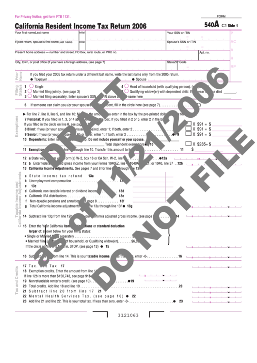 Form 540a Draft - California Resident Income Tax Return 2006 Printable pdf