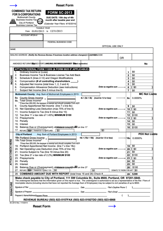 Fillable Form Sc2013 Combined Tax Return For SCorporations 2014