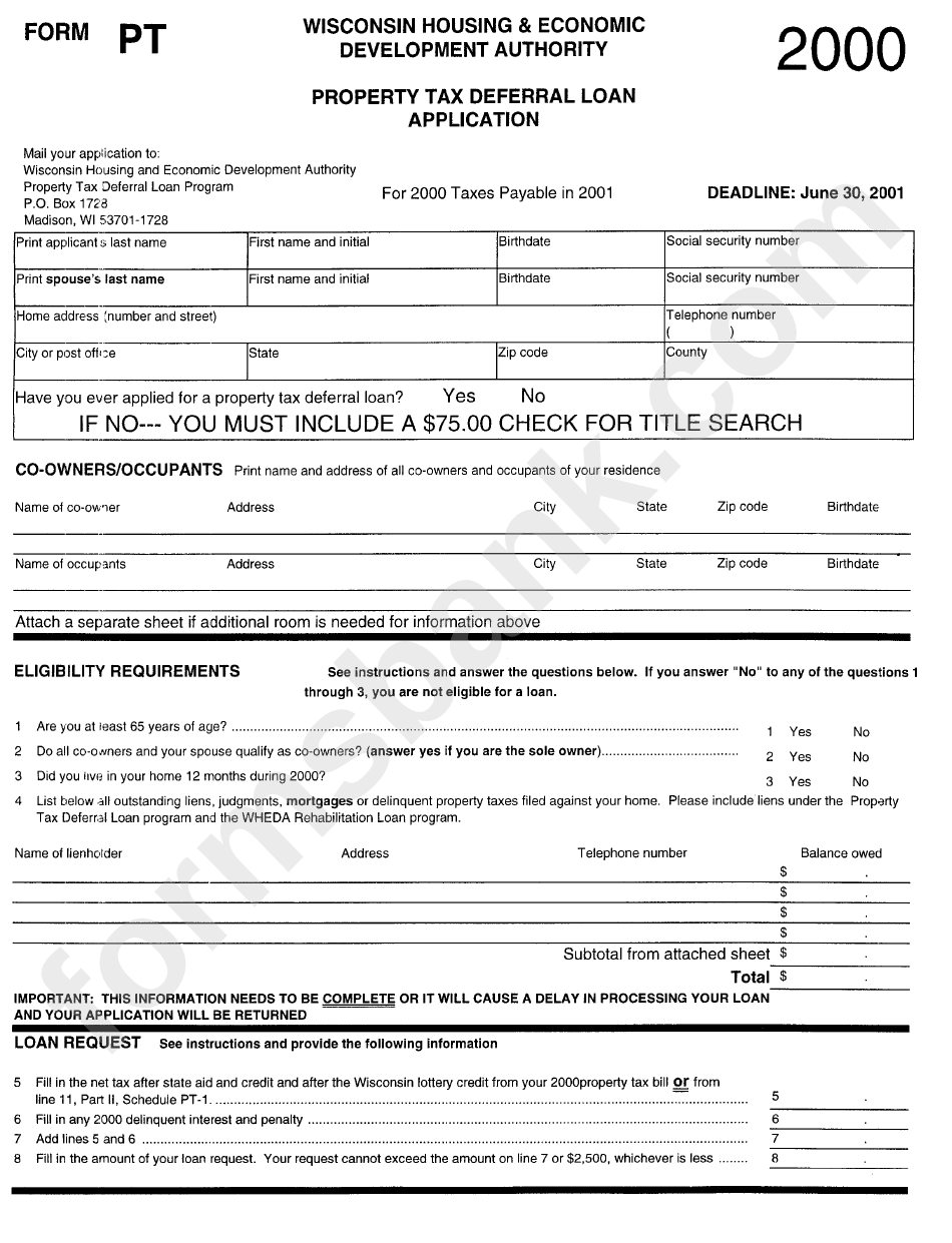 Form Pt - Property Tax Deferral Loan Application 2000
