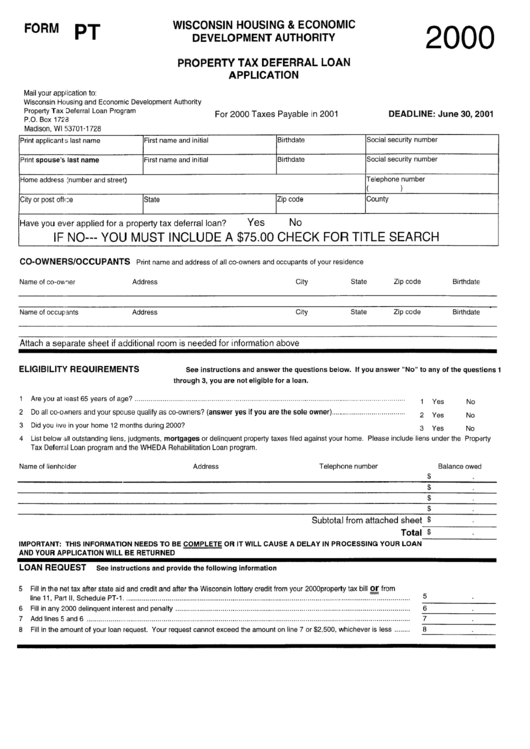 Form Pt - Property Tax Deferral Loan Application 2000 Printable pdf