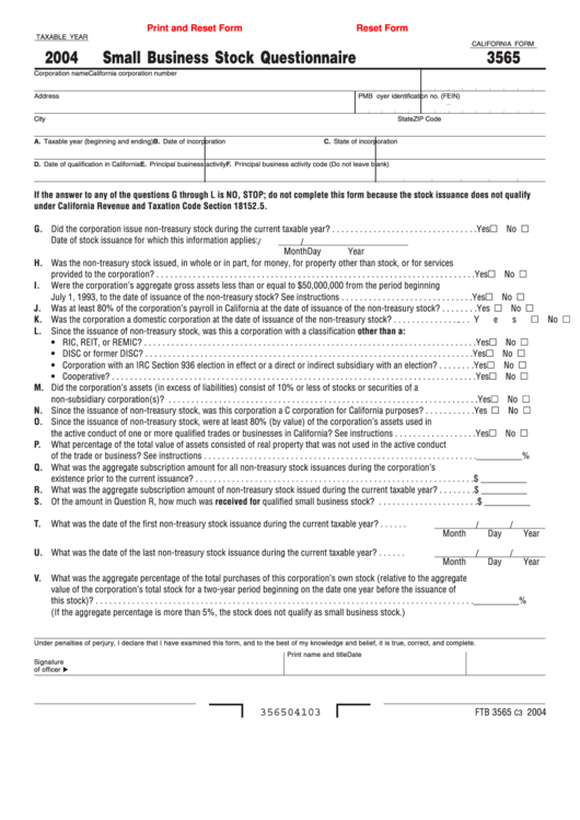 Fillable California Form 3565 - Small Business Stock Questionnaire - 2004 Printable pdf