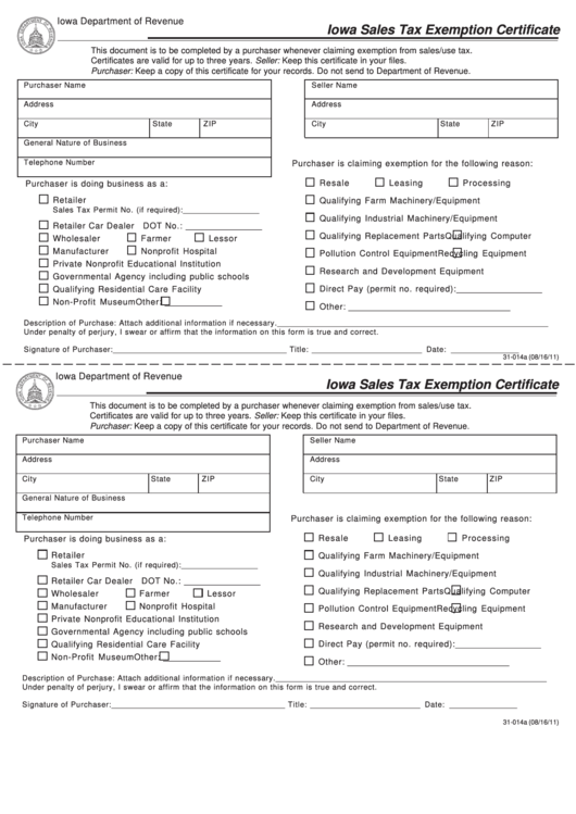 Form 31-014a - Iowa Sales Tax Exemption Certificate - 2011 , Form 31-014b - Exemption Certificate Instructions - 2012 Printable pdf