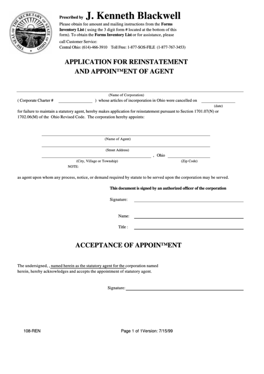 Form 108-Ren - Application For Reinstatement And Appointment Of Agent Printable pdf