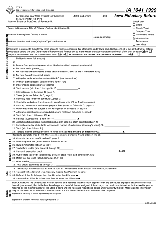 Form Ia 1041 - Iowa Fiduciary Return - 1999 Printable pdf