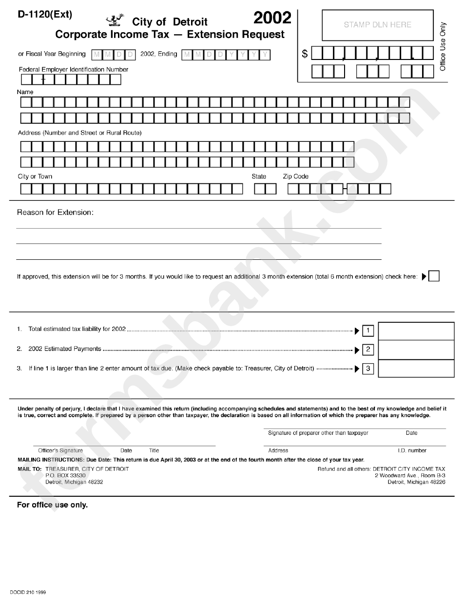 Form D-1120 (Ext) - City Of Detroit Corporate Income Tax-Extension Request - 2002