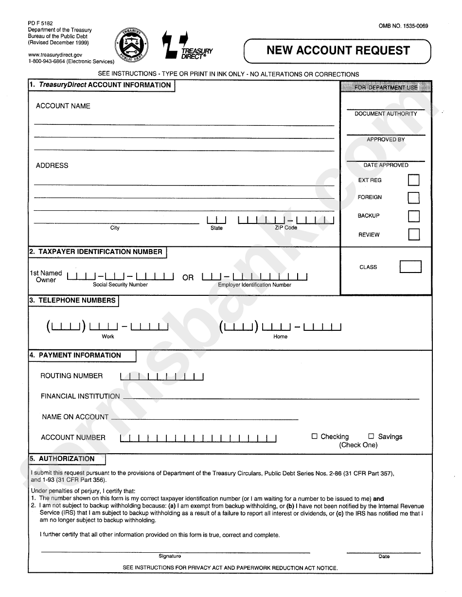 Form Pd F 5182 - New Account Request - Department Of Treasury