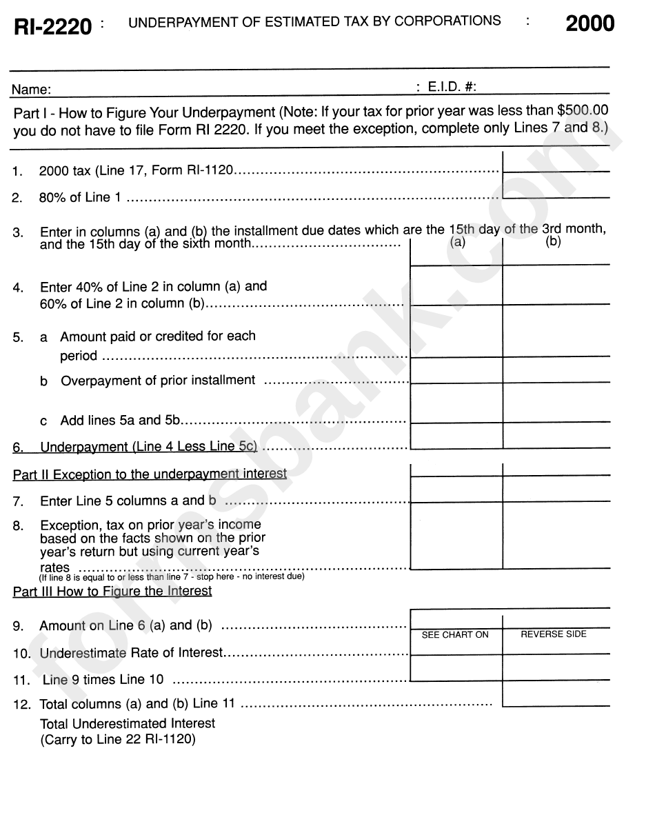 Form Ri-2220 - Underpayment Of Estimated Tax By Corporations 2000