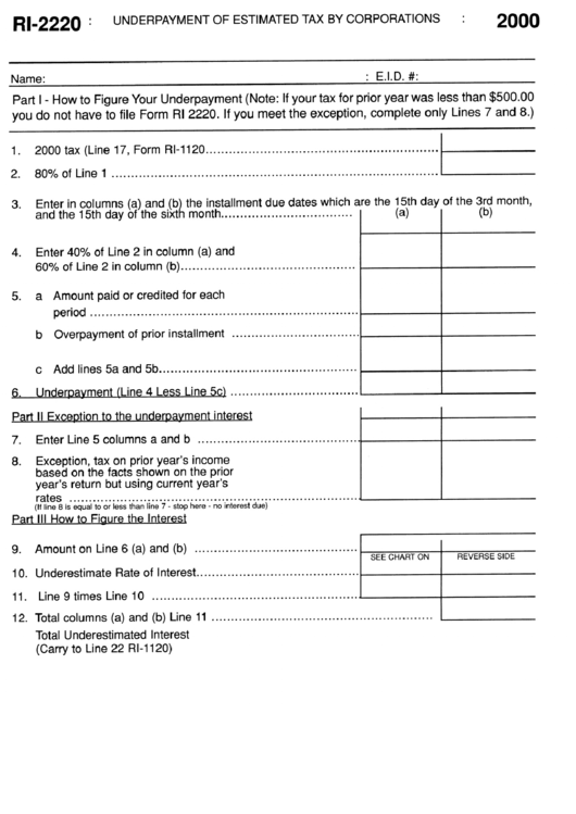 Form Ri-2220 - Underpayment Of Estimated Tax By Corporations 2000 Printable pdf