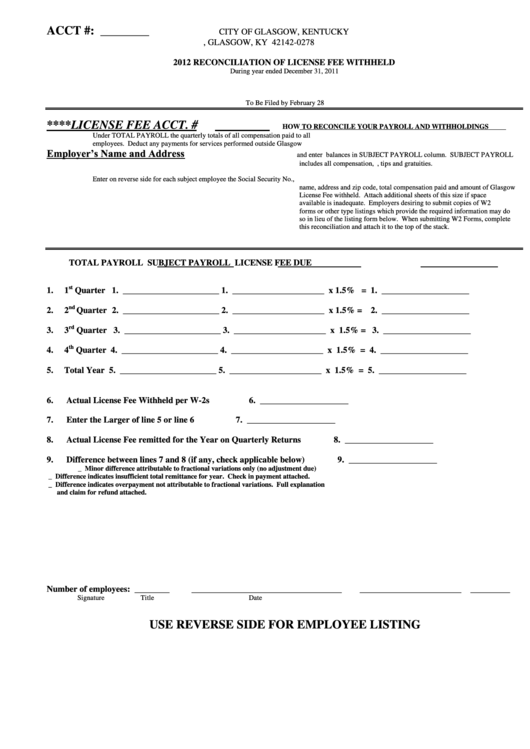 Reconciliation Of License Fee Withheld - 2012 Printable pdf