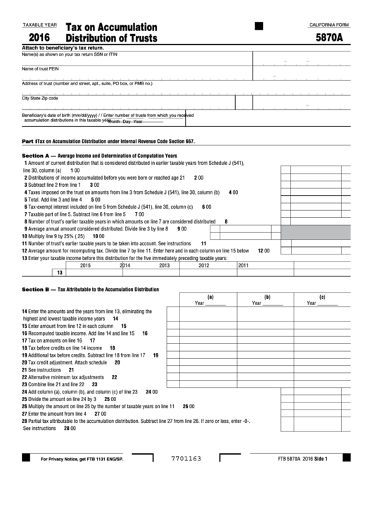 Fillable California Form 5870a - Tax On Accumulation Distribution Of Trusts - 2016 Printable pdf