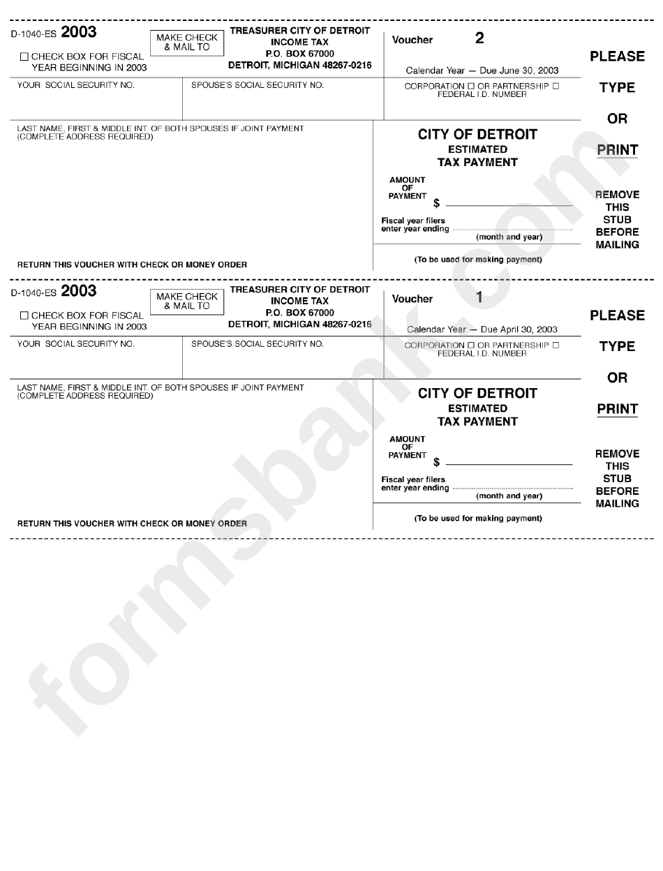 Form D-1040-Es - City Of Detroit Estimated Tax Payment - 2003