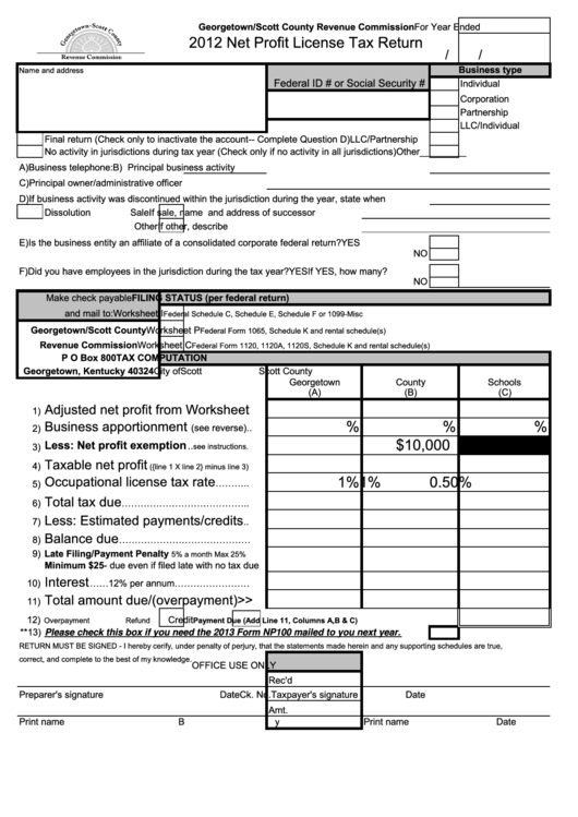 2012 Net Profit License Tax Return - Georgetown/scott County Revenue Commission Printable pdf