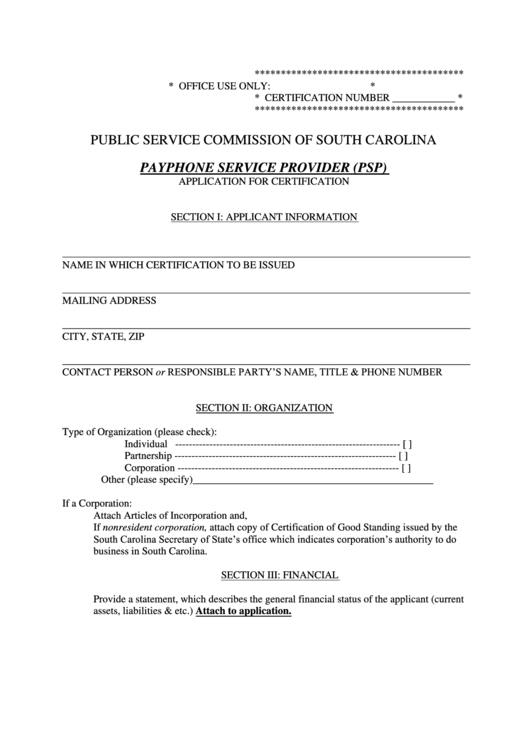 Payphone Service Provider (Psp) Application For Certification - Public Service Commission Of South Carolina Printable pdf