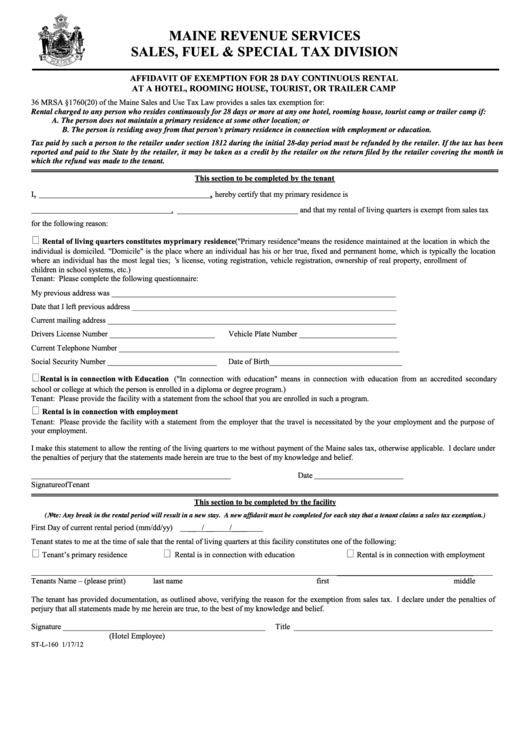 Form St-L-160 - Affidavit Of Exemption For 28 Day Continuous Rental At A Hotel, Rooming House, Tourist, Or Trailer Camp - Maine Revenue Services Printable pdf