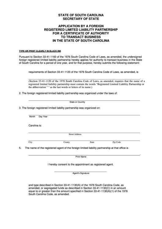 Fillable Application By A Foreign Registered Limited Liability Partnership For A Certificate Of Authority To Transact Business In The State Of South Carolina Printable pdf